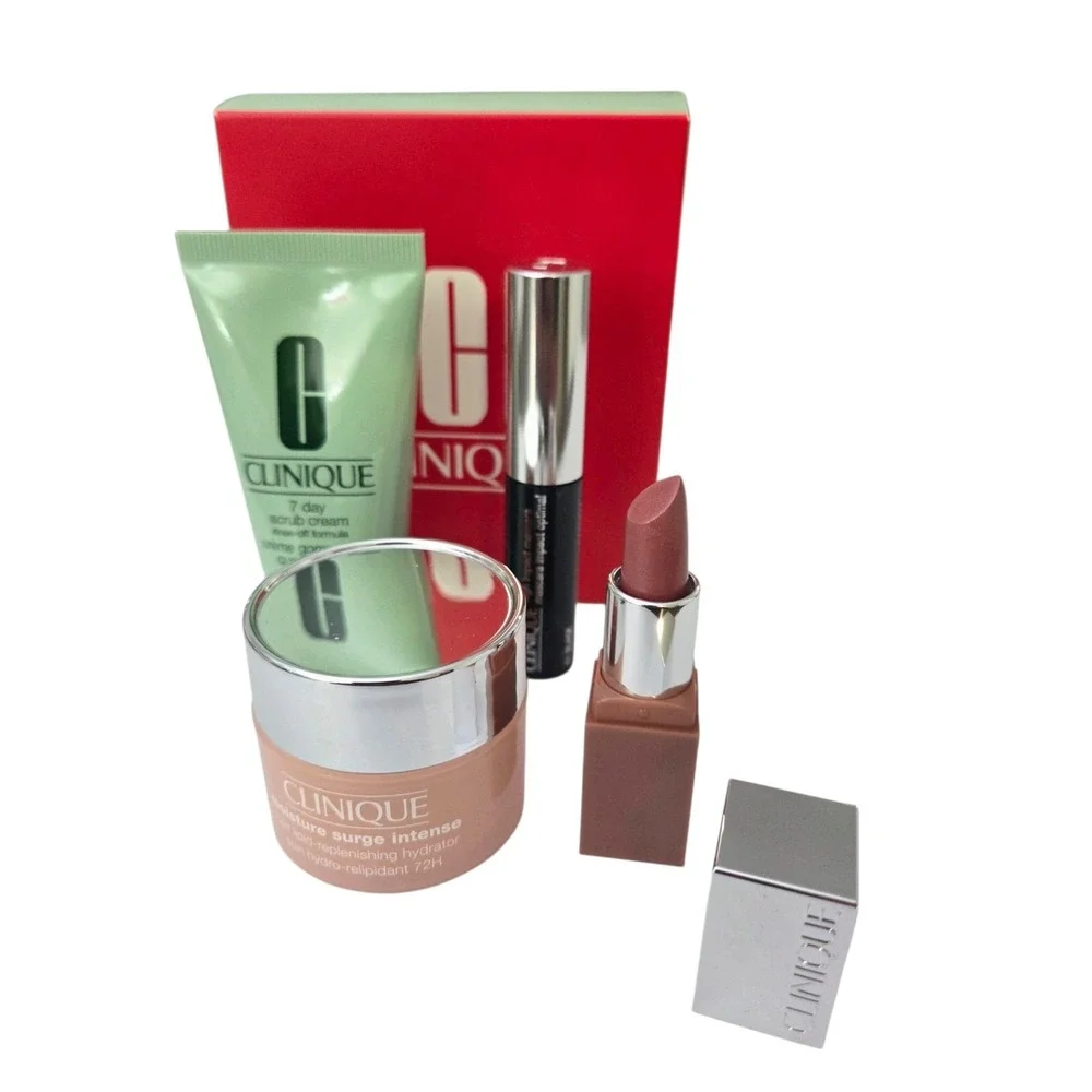 NIB Clinique 4 Pc. Clinique Discovery Kit Mascara‎ Lipstick Moisturizer Scrub